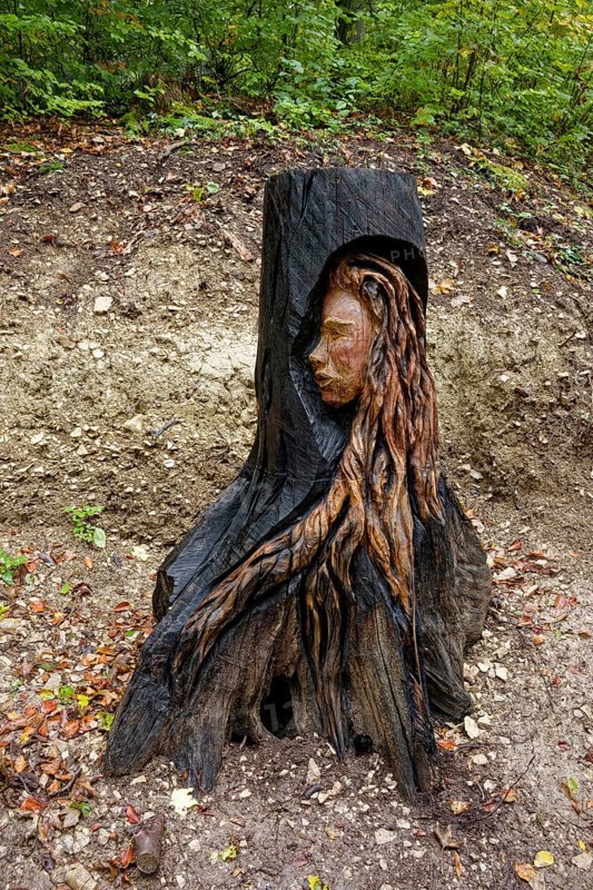Wooden sculpture The Face of Urschel, Pfullinger Sagenweg, stories and legends, by woodsaw artist Billy Tröge, Ursulaberg, Pfullingen, Baden-Württemberg, Germany