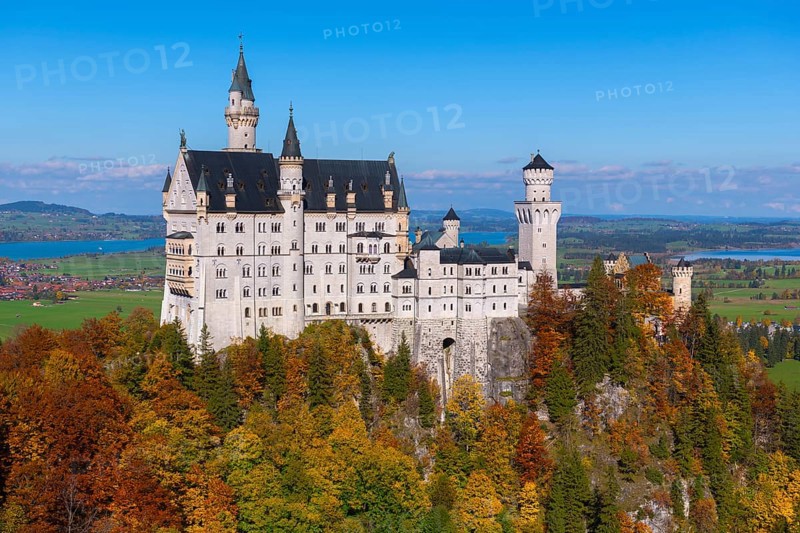 Impressive Neuschwanstein Castle in autumn landscape, surrounded by colorful trees and under blue skies, Schwangau, Königswinkel, Ostallgäu, Allgäu, Swabia, Bavaria, Germany