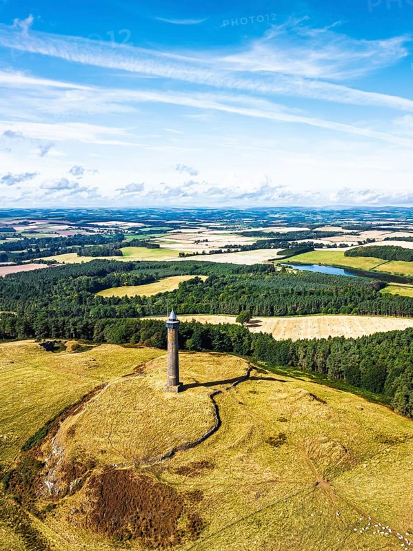 Waterloo Monument over Scottish fields and farms from a drone, Jedburgh, Scotland, UK