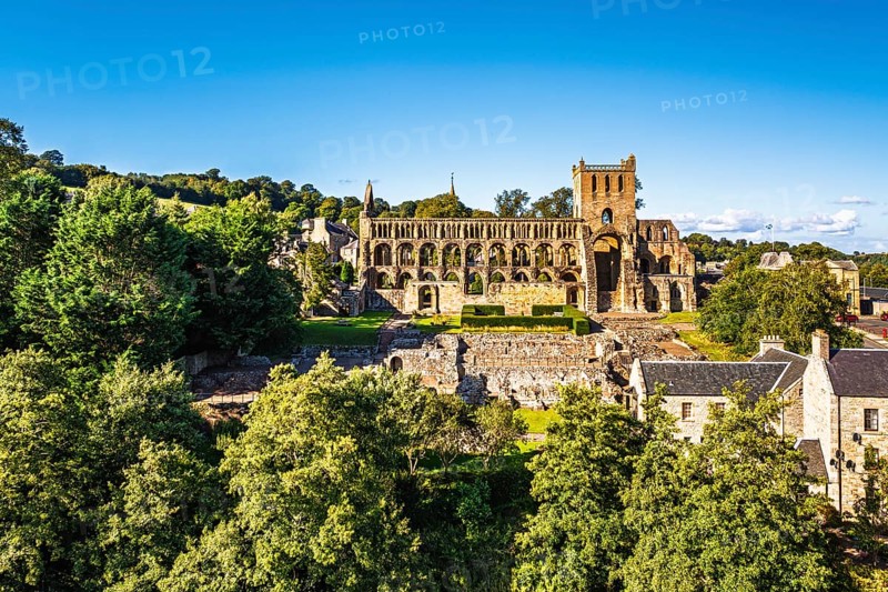 Jedburgh Abbey from a drone, Augustinian Abbey, Jedburgh, Scottish Borders, Scotland, UK