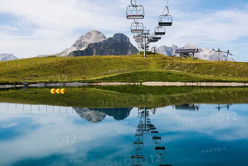 Mountain landscape with reservoir and chairlift, Saloberkopf, Warth, Bregenzerwald, Vorarlberg, Alps, Austria