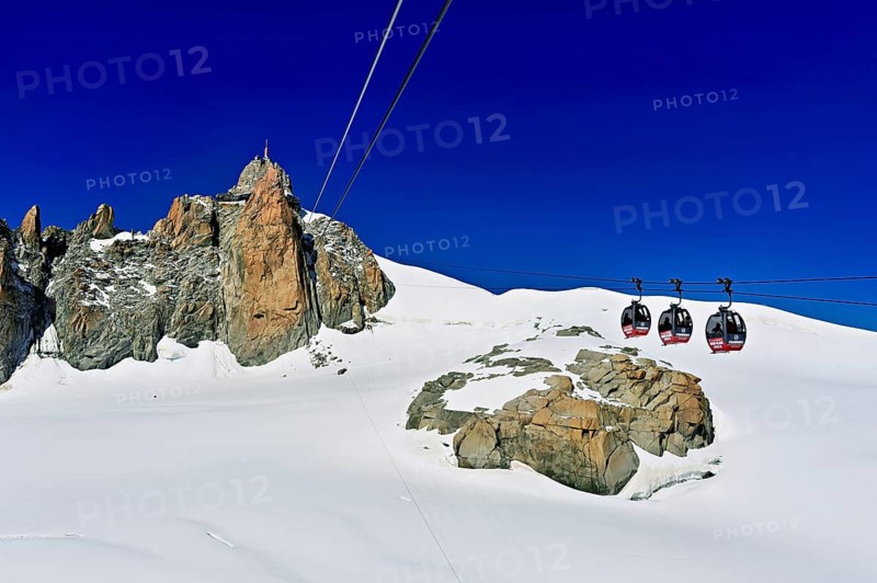 View from the Télécabine Panorama Railway to the Aiguille du Midi mountain station, Chamonix-Mont-Blanc, Haute-Savoie, France