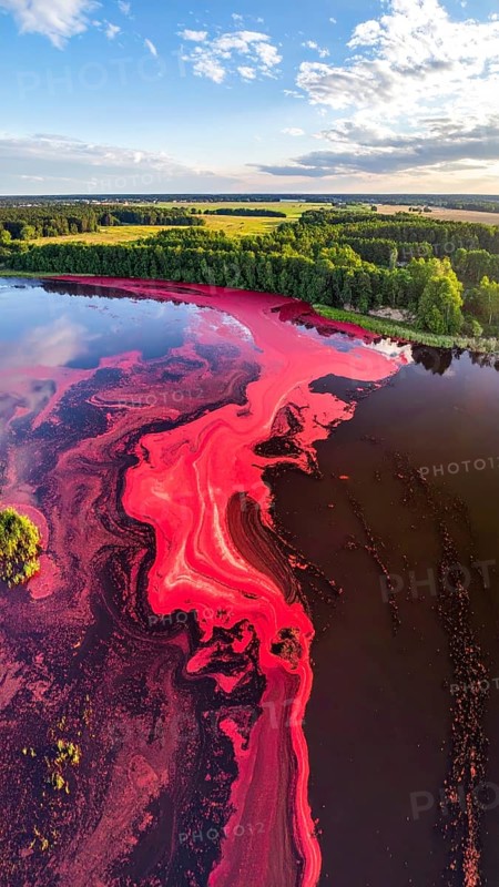 Red algae plant on the lake. abstract ecology nature concept, wild landscape with vibrant red colored water and green forest on a sunny day in summer, Aerial view, wilderness nature with no people around, AI generated