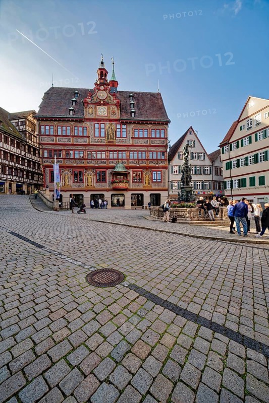 Market square with town hall and Neptune fountain with Neptune and trident from the Renaissance, Tübingen, Baden-Württemberg, Germany