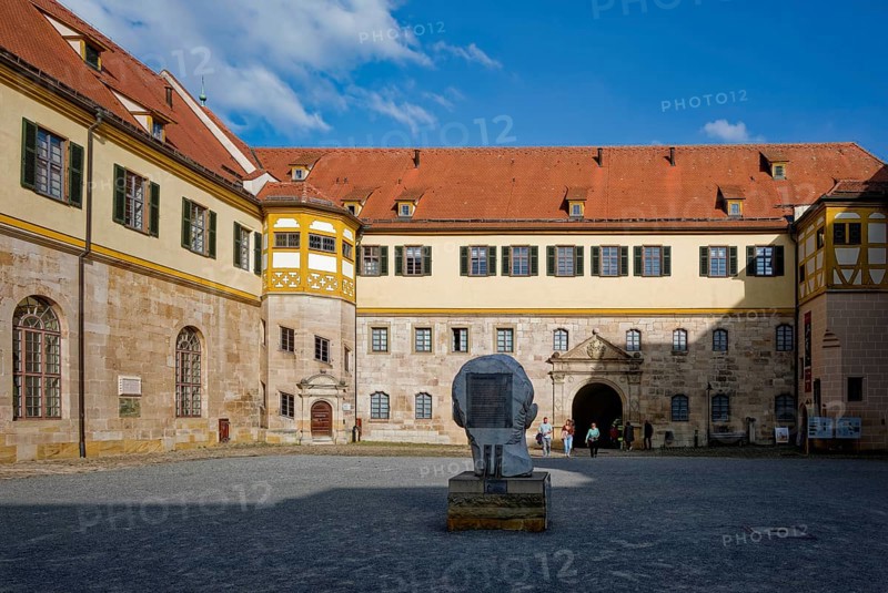 Courtyard with monumental portrait of Roman Emperor Augustus, Hohentübingen Castle, Tübingen, Baden-Württemberg, Germany