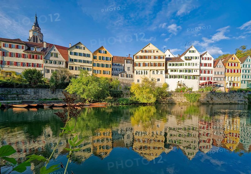Historic houses on the Neckar front, the Neckar river, water reflection, old town of Tübingen, Baden-Württemberg, Germany