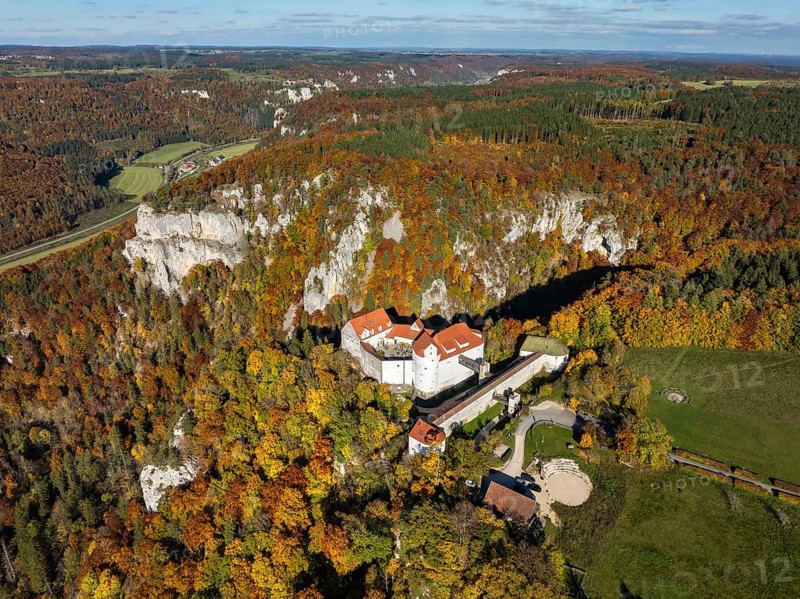 Aerial view of Wildenstein Castle near Leibertingen, surrounded by autumn vegetation, Upper Danube Valley, Sigmaringen district, Baden-Württemberg, Germany