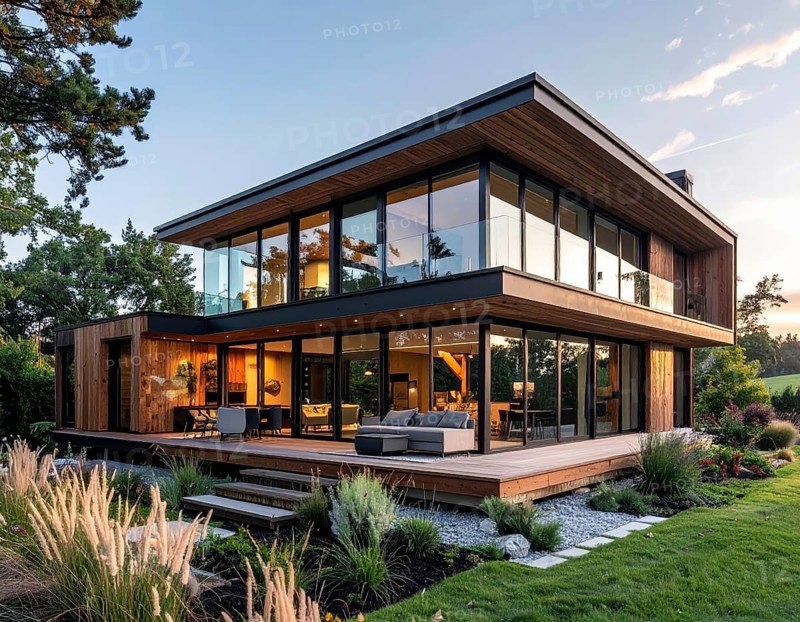 Modern Extension on a Traditional Cottage with Glass and Wood Architecture, green garden with plants and trees in the wilderness, evening soft twilight, on a clear sky, lights insight, AI generated