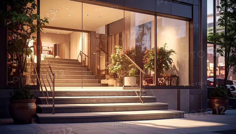 Modern building entrance with stairs, glass facade, and plants in warm evening light, empty storefront entrance with a gently stairs access, modern building with glass facade, blurred background, soft sunlight at evening, no people, AI generated