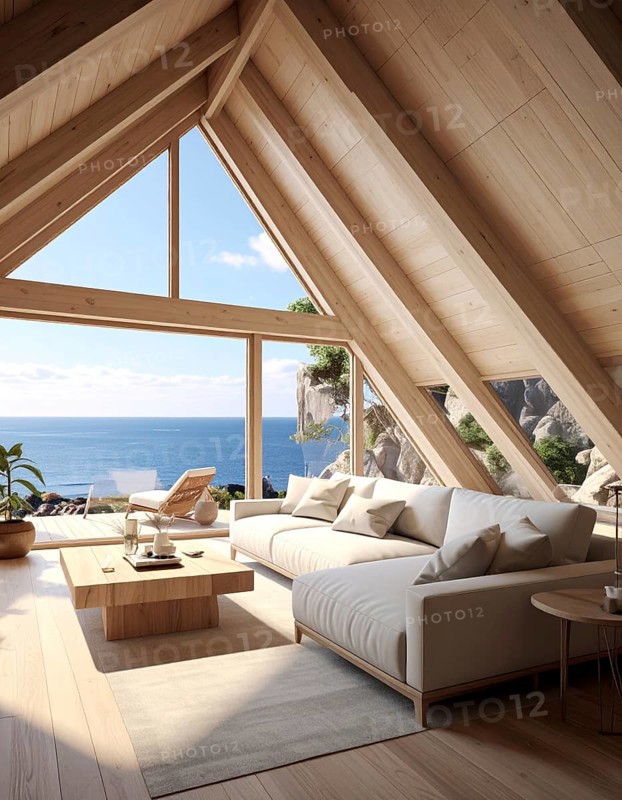 Peaceful A-frame cabin interior with ocean views, real estate lifestyle and travel destination, Comfortable minimalist sanctuary embraced by natural beauty and stunning coastal scenery, clear blue sky, AI generated