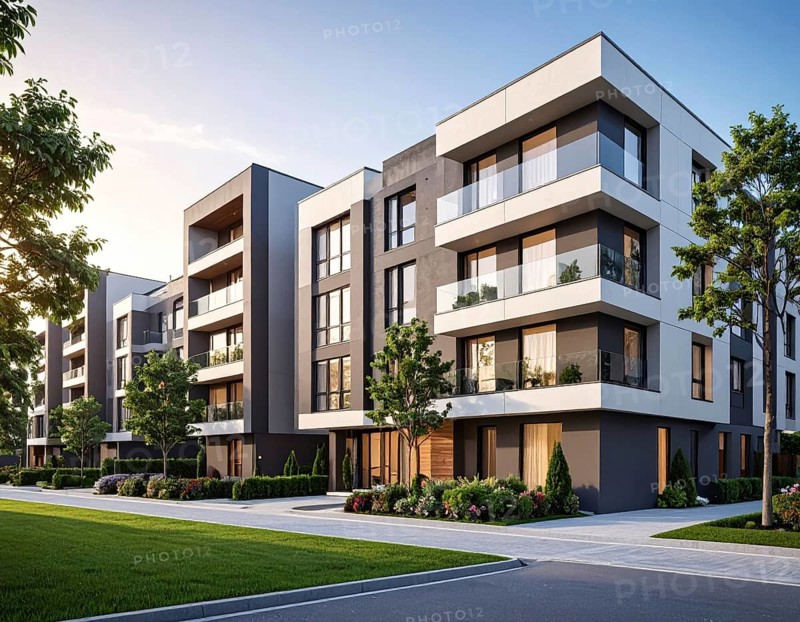 New modern block of flat, condo architecture, Residential apartment as a flat, luxury house complex, City real estate property, green garden plants in front, clear blue sky with golden evening light, AI generated