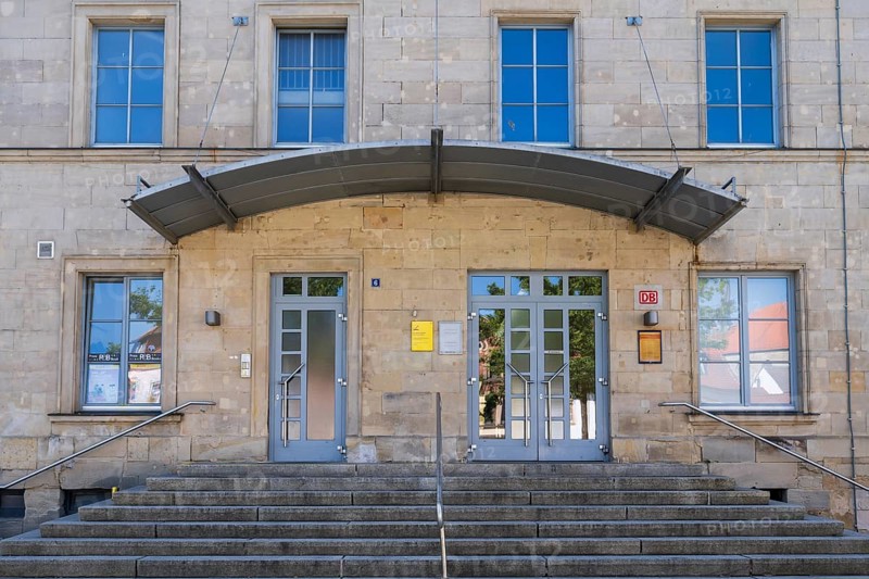 Entrance to the train station, Kronach, Upper Franconia, Bavaria, Germany