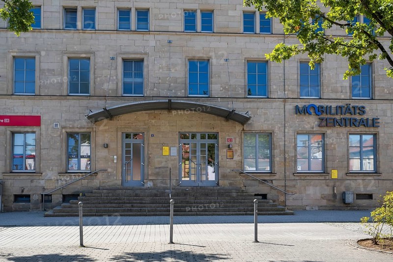 Entrance to the train station, Mobilitäts Zentrale, Kronach, Upper Franconia, Bavaria, Germany