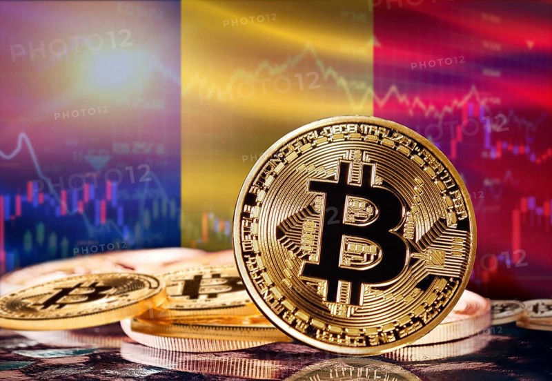 Bitcoin with Romania flag in the background. Investors in cryptocurrency and Blockchain Technology in Romania, Concept