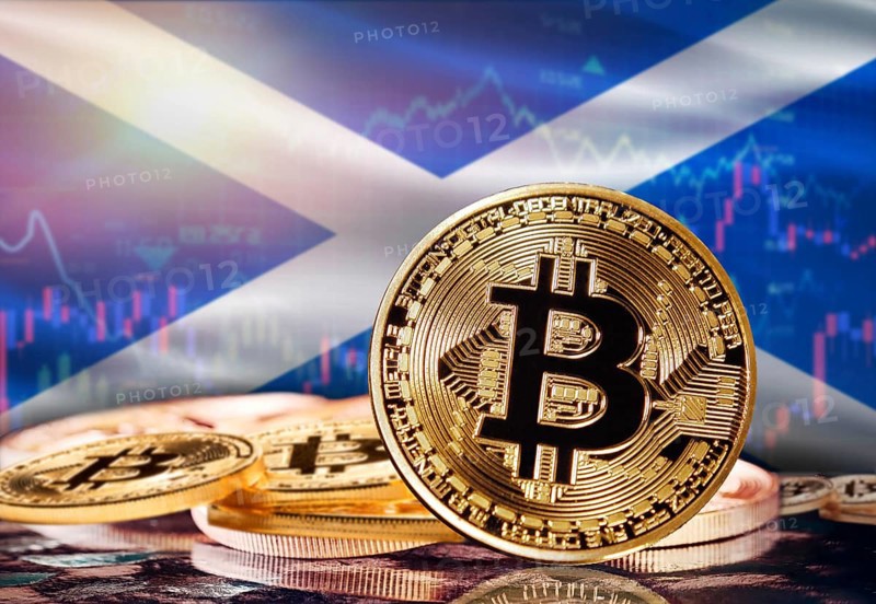 Bitcoin with Scotland flag in the background. Investors in cryptocurrency and Blockchain Technology in Scotland, Concept