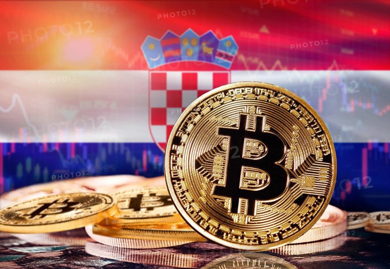 Bitcoin with Croatia flag in the background. Investors in cryptocurrency and Blockchain Technology in Croatia, Concept