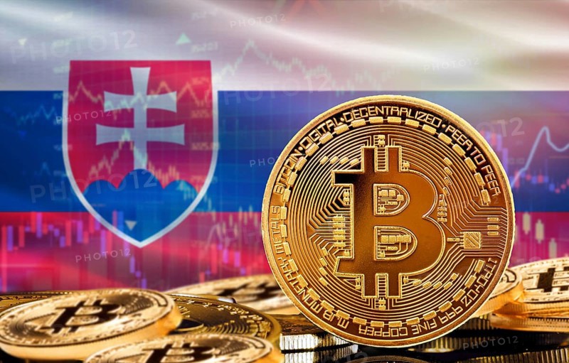 Investors in cryptocurrency and Blockchain Technology in Slovakia, Concept. Bitcoin with Slovakia flag in the background