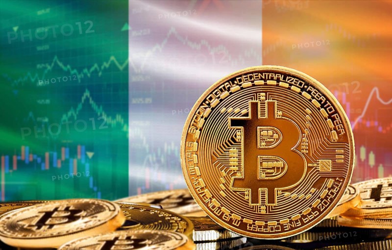 Investors in cryptocurrency and Blockchain Technology in Ireland, Concept. Bitcoin with Ireland flag in the background