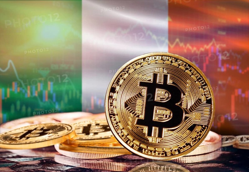 Bitcoin with Ireland flag in the background. Investors in cryptocurrency and Blockchain Technology in Ireland, Concept