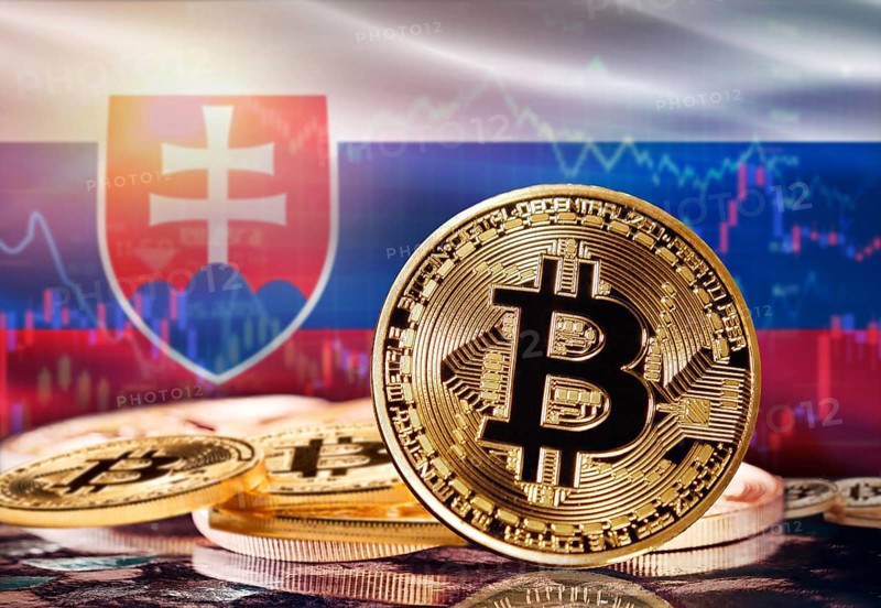 Bitcoin with Slovakia flag in the background. Investors in cryptocurrency and Blockchain Technology in Slovakia, Concept