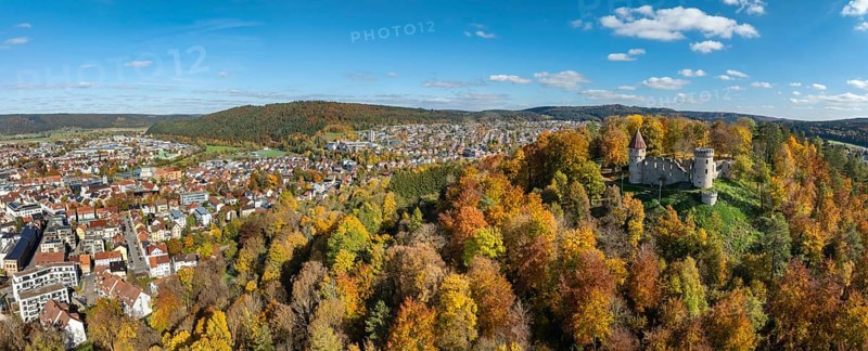 Aerial view, panorama of the ruins of Honburg Castle on the Honberg above the town of Tuttlingen, surrounded by autumn vegetation, Tuttlingen district, Black Forest, Baar, Heuberg, Baden-Württemberg, Germany