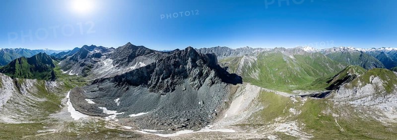 360° alpine panorama, aerial view with summit of Grossvenediger, Venediger Group and Lasörling Group, Hohe Tauern, Austria
