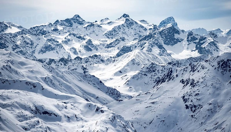 Mountain panorama with view of peaks of the Bernina Group, view from Piz Grialetsch in winter, Bündner Haute Route, Albula Alps, Rhaetian Alps, Grisons, Switzerland