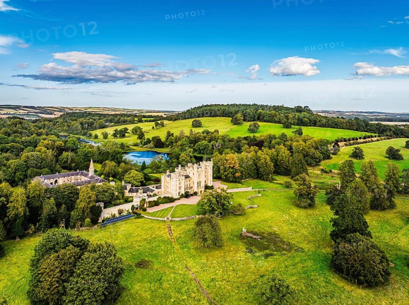 Duns Castle Estate and garden from a dron, Duns, Berwickshire, Scotland, UK