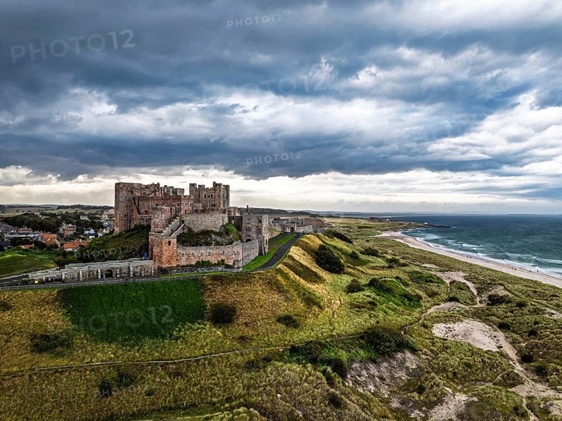 Bamburgh Castle from a drone, Northumberland, Northeast Coast, England, United Kingdom