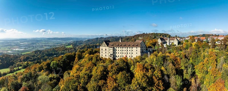 Aerial view, panorama of Heiligenberg Castle, a Renaissance-style palace complex, Tübingen administrative district, Lake Constance, Linzgau, Baden-Württemberg, Germany