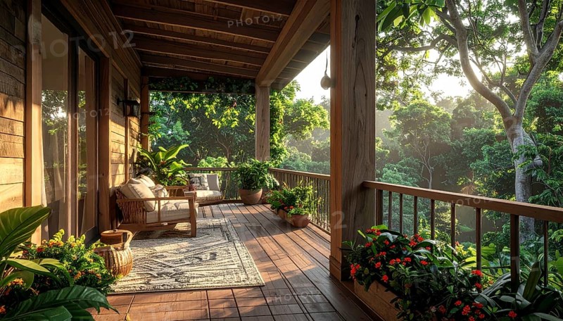An eco-friendly porch designed for sustainable living in an environmentally-conscious home, lush greenery, landscape bathed in warm sunlight, AI generated