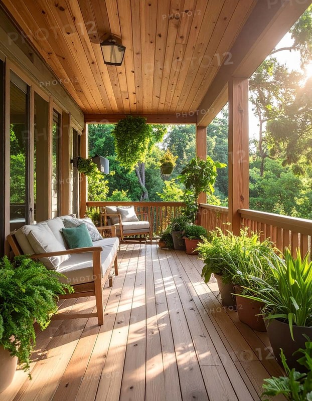 An eco-friendly porch designed for sustainable living in an environmentally-conscious home, lush greenery, landscape bathed in warm sunlight, AI generated