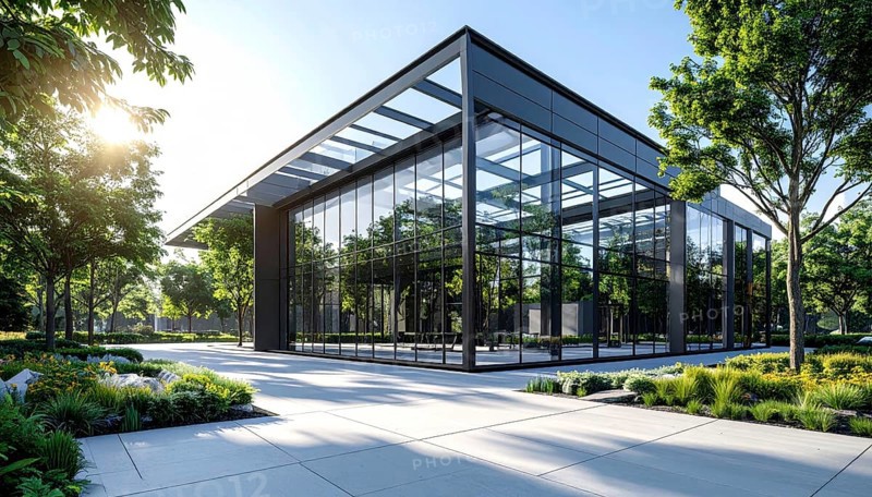 Modern architectural framework with glass and steel structure, glass facade with a greed of steel arrows, blue sky with a soft golden light of a sunrise, AI generated