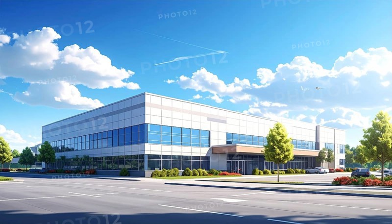 Modern supermarket building exterior against blue sky, Inviting white facade, some clouds, concept of shopping and consume, AI generated