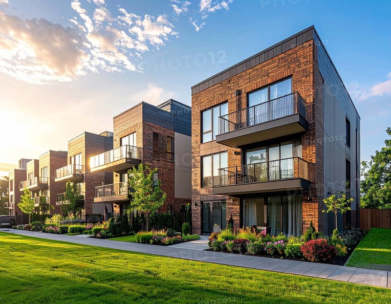 Modern apartment building with balconies and well-kept landscaping at sunset, Modern multifamily housing property with brick, siding facade features balconies, manicured lawns. Contemporary residential buildings offer urban living spaces, condominium options in scenic town, blue sky with a colorful sunrise, AI gererated, AI generated