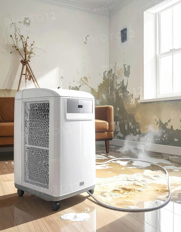 A specialized dehumidifier operates in a mold-infested room following water damage, Shell construction at construction site, AI generated