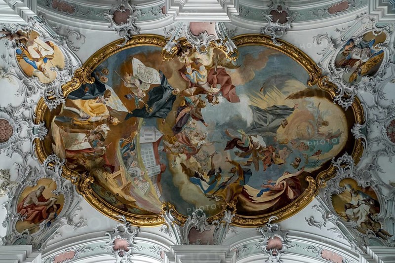 St. George and James Catholic Church, interior view, ceiling frescoes, Isny, Allgäu, Baden-Württemberg, Germany
