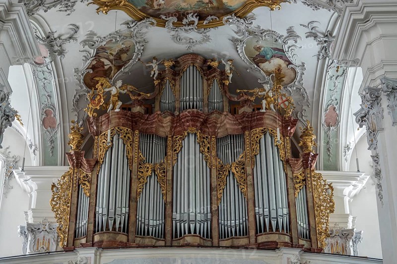 St. George and James Catholic Church, interior view, organ, Isny, Allgäu, Baden-Württemberg, Germany