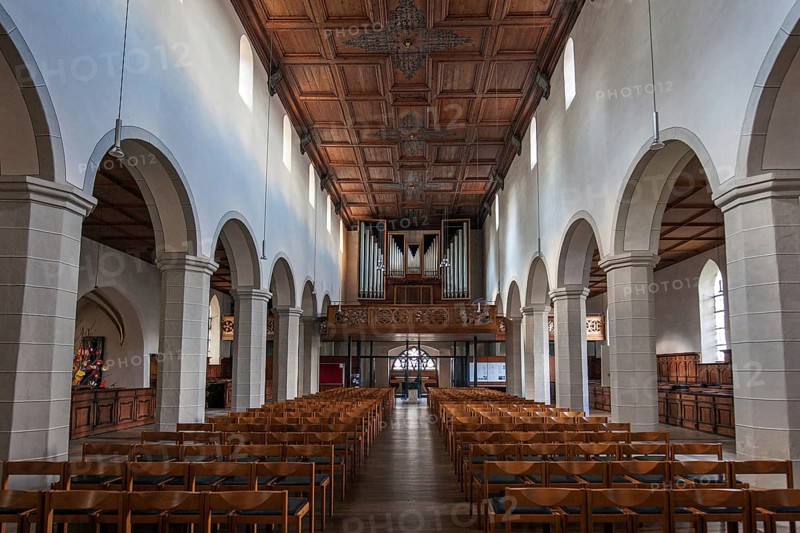 Protestant St. Nicholas Church, interior view, nave, organ at the back, Isny, Allgäu, Baden-Württemberg, Germany