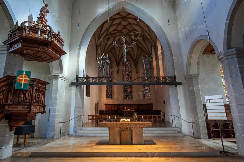 Protestant St. Nicholas Church, interior view, altar area, Isny, Allgäu, Baden-Württemberg, Germany