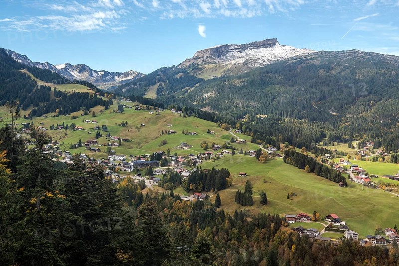View of Hirschegg and the Kleinwalsertal valley, in the back of Hoher Ifen, Allgäu Alps, Vorarlberg, Austria