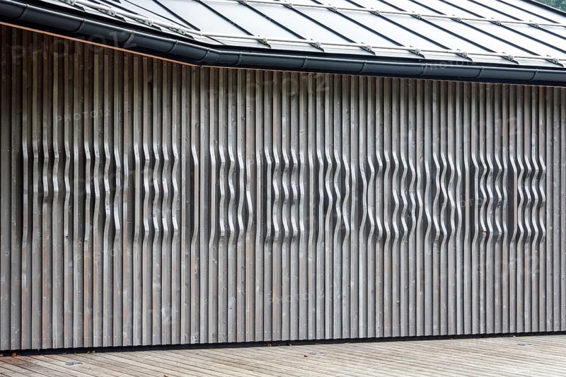 Wooden slats on a building on Freibergsee, Oberstdorf, Oberallgäu, Allgäu, Bavaria, Germany