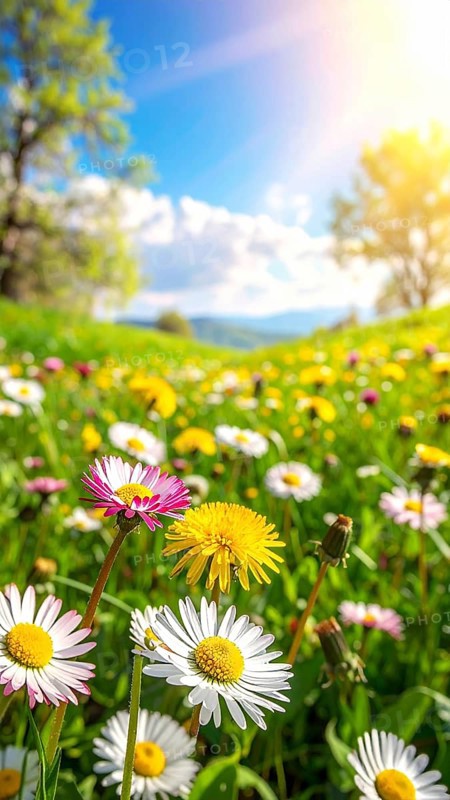 A sunny meadow with daisies in full bloom under bright sunlight, creating a vibrant and cheerful atmosphere, Blooming meadow with lots of white and pink spring daisy flowers and yellow dandelions, sunny day with blue clear sky, beautiful landscape in blurred background, fresh spring and summer nature concept, AI generated
