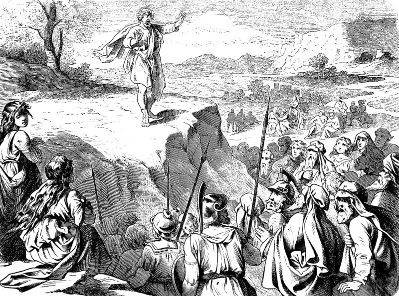 On Mount Grisim, Jotham tells the men of Shechem a fable, warrior with lances, Abimelech, woman, listener, god, king, mountains, landscape, book of judges, chapter 9, Old Testament, Bible, historical illustration 1877