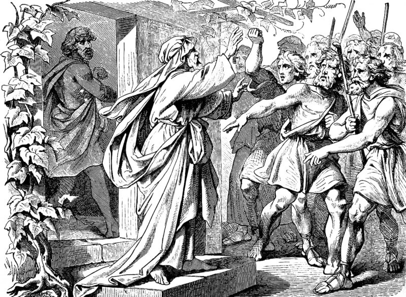 People spoke to Joash, give your son Gideon, he must die, Gideon and his men destroy the altar of Baal, God's command, Jerubaal, Midianites, Amaletites, Orient, group, anger, calm down, front door, sticks, book of judges, chapter 6, Old Testament, Bible, historical illustration 1877