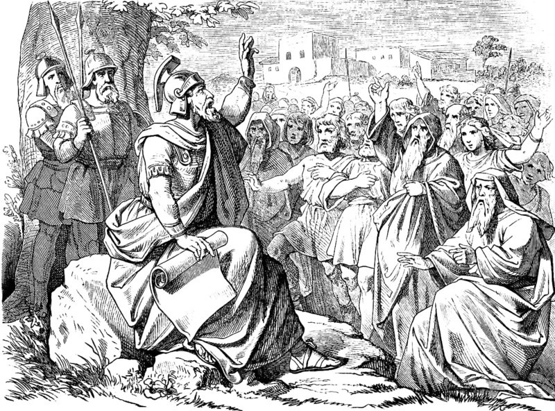 Before his death, Joshua gathers the tribes of Israel around him, address, people of Israel, serve God, land of Canaan, Isaac, Egypt, guards with lances, roll of paper, helmet, book of Joshua, chapter 24, Old Testament, Bible, historical illustration 1877
