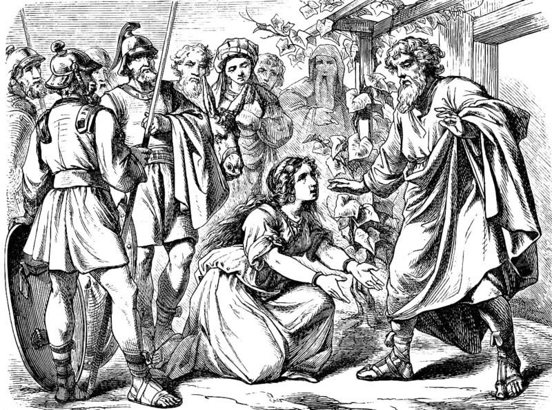 Ascha kneels in front of her father Caleb and said, Give me your blessing, God, marriage to Athniel, war, group of warriors, helmet, lances, please, book of judges, chapter 1, Old Testament, Bible, historical illustration 1877