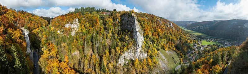 Aerial view, panorama from the viewpoint, shovels and Hausen Castle, also known as the Hausen ruins, surrounded by autumn vegetation, a ruin of a castle above the village of Hausen in the valley in the Upper Danube Valley, Beuron, Sigmaringen district, Baden-Württemberg, Germany