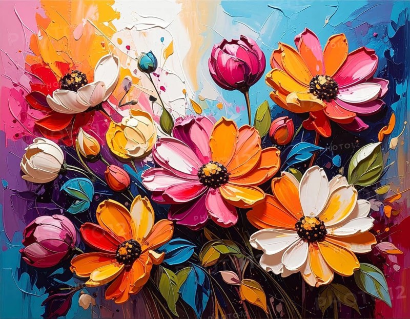 Closeup of abstract rough colorful multicolored organic floral spring flowers art painting texture, with oil acrylic brushstroke, pallet knife paint on canvas wallpaper, AI generated