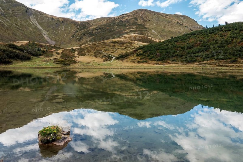 Schlappoldkopf and Söllerkopf are reflected in Schlappoldsee, Fellhorn, Oberstdorf, Oberallgäu, Allgäu, Bavaria, Germany